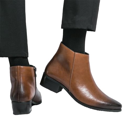 Men's Leather Slip on Dress Chelsea Ankle Boots with Side Zipper Casual Fashion Cowhide Pointed Toe Chunky Heel Oxfords Booties for Formal Events Working Business2