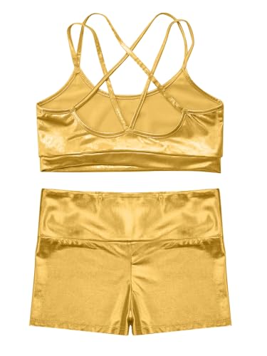 Jugaoge Kids Girls 2 Piece Gymnastics Dance Outfits Metallic Crop Tank Top with Shorts Set Activewear4