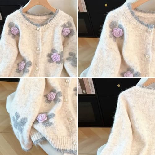 Image of FindThy Women's Kawaii 3D Floral Cardigan Long Sleeve Crewneck Knit Cardigan Sweaters