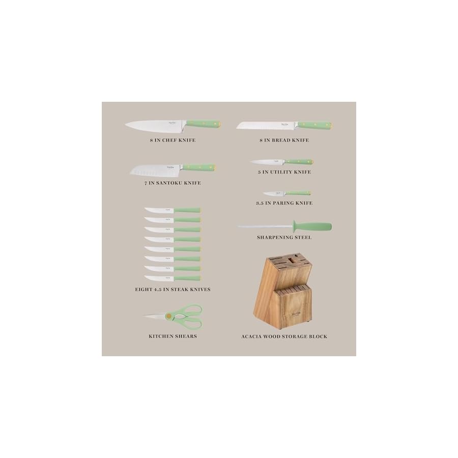 Martha-Stewart-16-Piece-Lockton-High-Carbon-Stainless-Steel-Cutlery-Kitchen-Knife-Block-Set-WABS-Tripe-Riveted-Forged-Handle-Acacia-Wood-Block-Sage-Green-WGold Martha Stewart 16 Piece Lockton High Carbon Stainless Steel Cutlery Kitchen Knife Block Set W/ABS Tripe Riveted Forged Handle Acacia Wood Block - Sage Green W/Gold