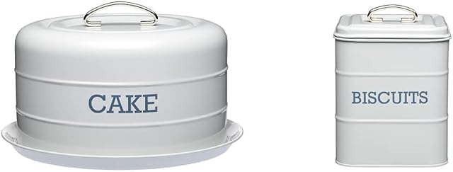 Living Nostalgia KitchenCraft Cake Tin Storage, Airtight Cake Storage Tin / Cake Dome, 28.5 x 18 cm - French Grey & Living Nostalgia LNBISCGRY Biscuit Tin, Grey, 14.5 x 19 cm