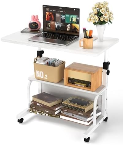 (Incomplete)Portable Desk with Wheels Small Standing Desk on Wheels Adjustable Height Rolling Desks for Small Spaces, 32\" Computer Desks with Storage Shelves for Home Office Study White