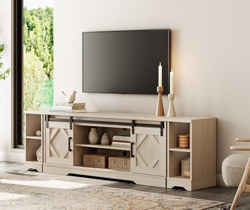 Image of WAMPAT Farmhouse TV Stand for 80-85 inch TV with Distressed Wood Finish