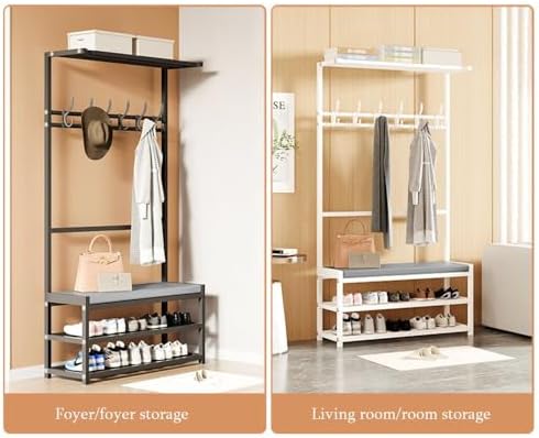 Industrial Hall Tree with Removable Hooks, 2-Tier Shoe Rack & Bench, Free-Standing Coat Stand, Entryway Storage Shelf for Living Room & Hallway nization