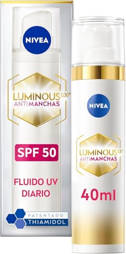 NIVEA Luminous630 - Crema de Día Antimanchas FP50 - Fluido Triple Protección - Con Ácido Hialurónico Y Thiamidol - Uniforma el Tono - Hidratación Profunda - Fluido UV Diario FP50-40 ml