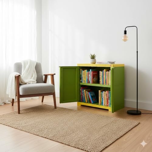 Image of Cello Novelty Compact Bookshelf, Green & Yellow | 2 Dustproof Doors | Space Saving Cupboard | Plastic Book Shelf | Multipurpose Book Shelf for Home, Office | Book Organizer for Library