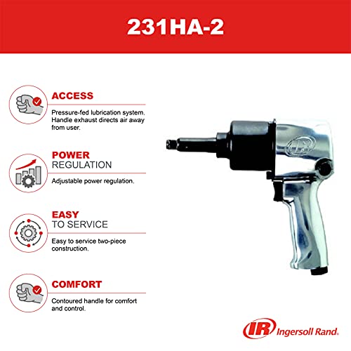 Ingersoll Rand 231Ha-2 1/2" Drive Air Impact Wrench, 2" Extended Anvil, 590 Ft-Lbs Max Reverse Torque Output, 8000 Rpm, Adjustable Power Regulator, Pressure Fed Lubrication System #TOP1
