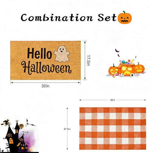 SKYPEA 2 Pcs Halloween Coir Doormat for Home 27.5 x 43 Inches with Orange & White Buffalo Plaid Rug, Layered Non Slip Welcome Mats for Halloween Party, Patio & Indoor Outdoor Decor - image 5