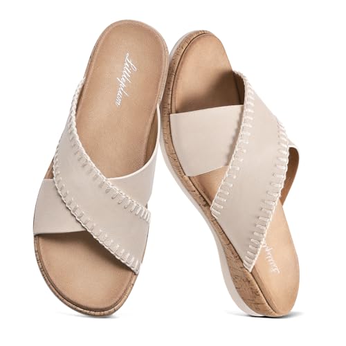 Littleplum Sandals For Women Slip On Arch Support Slides Comfortable Flat Sandals Summer Breathable Adjustable Orthotic Walking Shoes for Beach,Travel Apricot Size 8.5