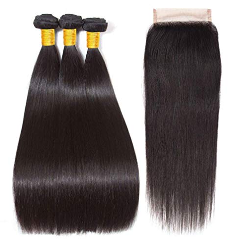 JiSheng Brazilian Straight Human Hair 3 Bundles With Lace Closure 100% Unprocessed Virgin Human Hair weave with 4x4 closure Natural Color 100g/Pcs 16 18 20 with 14inch