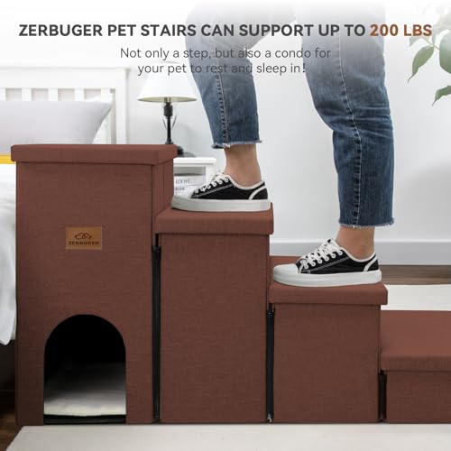 Image of Zerbuger Dog Stairs with Condo 23 inch H, 4-Step Wider Dog Steps for High Beds Window, Folding Storage Pet Stairs Gift for Small /Medium /Large Old Dogs Cats, Ramp for Climbing Car Hold Up to 200 lbs, Brown