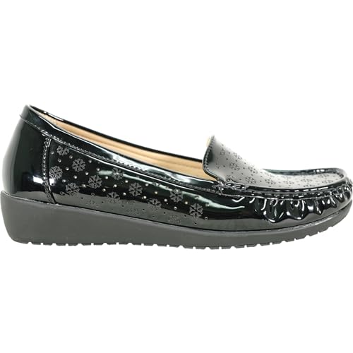 Image of KOZI Women Comfort Casual Wedge Shoe Slip-On Loafer ML Collection Round Toe Penny Loafer Removable Insole Black Champagne