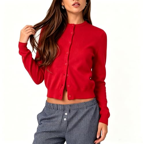 Image of Women's Y2K Lightweight Button Down Long Sleeve Casual Crew Neck Soft Knit Fall Cardigan Sweater Tops