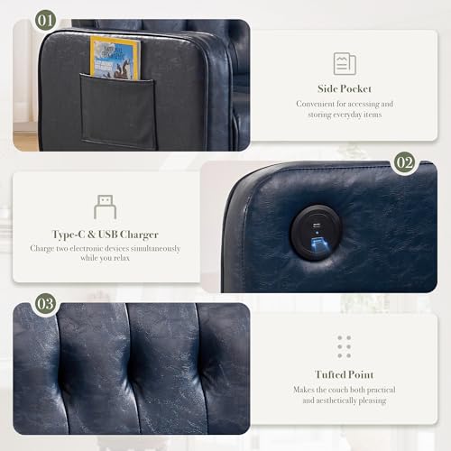 CHYMSUN Blue Leather Loveseat and Accent Chair Set of 2, Tufted Mini Sofa Couch w/USB Charging & Pockets, Mid-Century Modern Office Love Seat and Chair Set, 3 Pieces Living Room Furniture Set