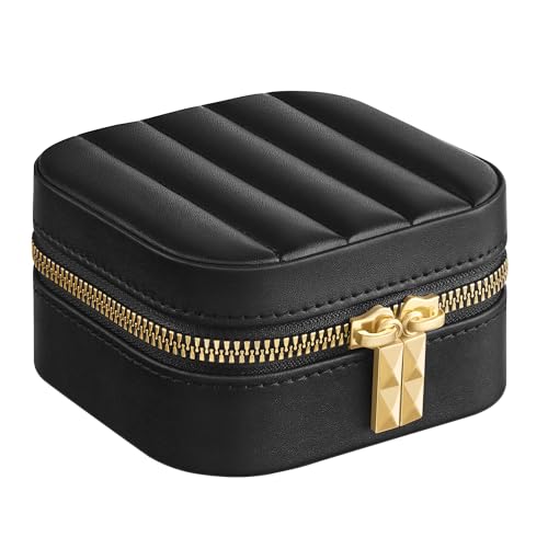 SONGMICS HOME ANAH Colección - Joyero de Viaje, Estuche Pequeño para Joyas con Espejo, 10,5 x 10,5 x 6 cm, Superficie PU con Costuras, Portátil, Cremalleras, Idea de Regalo, Negro Tinta JBC179B01
