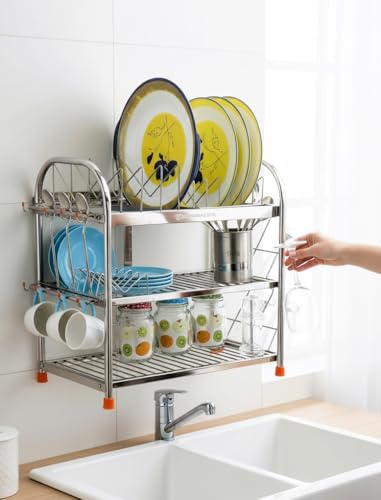 Image of AMOL Premium Stainless Steel 3-Tier Dish Rack | Kitchen Rack for Utensils, Plates & Glasses | Wall Mount & Countertop | Rust-Proof Kitchen Stand | Size- 18x18x11 inches (RW21-18x18x11)