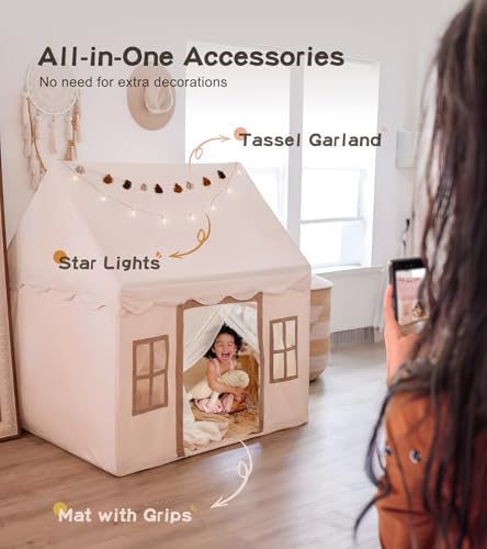 Little Dove Play Tent with Mat, Star Lights, Kids Playtent Indoor, Toddler Play Tent Large Outdoors for Kids Aged 3+, 52" x35" x 52", Toddler Teepee Play House with Windows