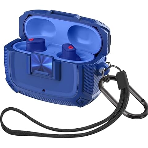 SKTDWEI Compatible with Beats Studio Buds (2021) / Beats Studio Buds+ (2023) Case Front LED Visible Full-Body TPU Military Hard Shell Protective Cover Skin with Safety Lock and Keychain (Blue) Cover