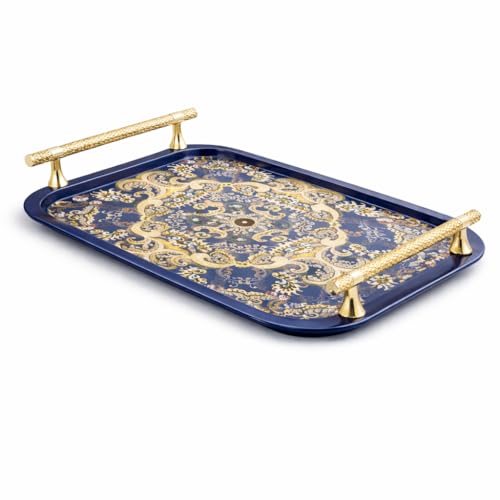 Kelqo Plateau de Service rectangulaire en métal 39 x 28 x 5 cm, décor Oriental Bleu, poignées dorées texturées