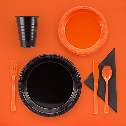350 Pcs Halloween Disposable Tableware Combo Pack Includes: 50 9" Plastic Dinner Plates | 50 7" Plastic Appetizer Plates |50 Plastic Cups | 50 Paper Napkins | 50 Plastic Cutlery Spoons Forks & Knives #TOP3