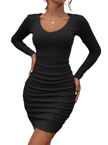 HBQ Women's Pullover Sweater Dress Casual Long Sleeve Cute Ribbed Knit V Neck Bodycon Mini Sweaters Dresses-Black-XL3