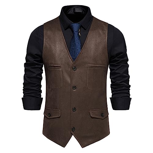 Men's Vintage Multi Pockets Suede Leather Suit Vest Sleeveless V-Neck Western Cowboy Vest Jacket for Wedding Prom