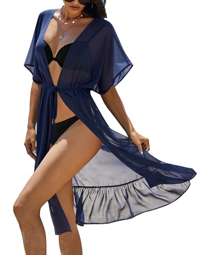 Ekouaer Women Summer Cover Up Dress Mid Length Kimono Cardigan Lightweight Chiffon Beach Cover Up Navy Blue S