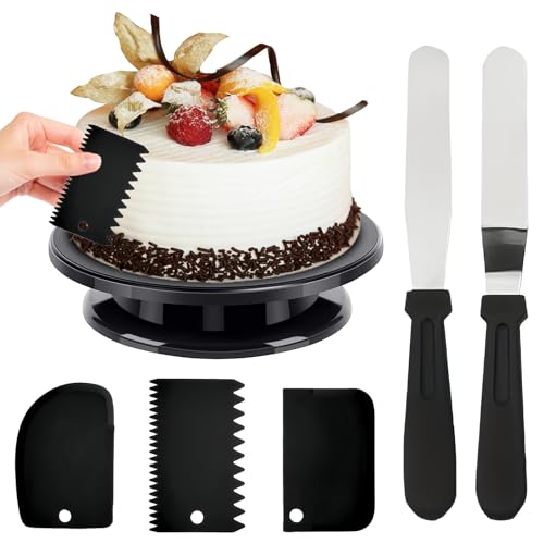 GOEDCH Prato giratório para bolos, 27 cm, giratório preto, com 2 espátulas de gelo e 3 espátulas de massa, plataforma giratória para pastelaria, decoração de bolos, bolos