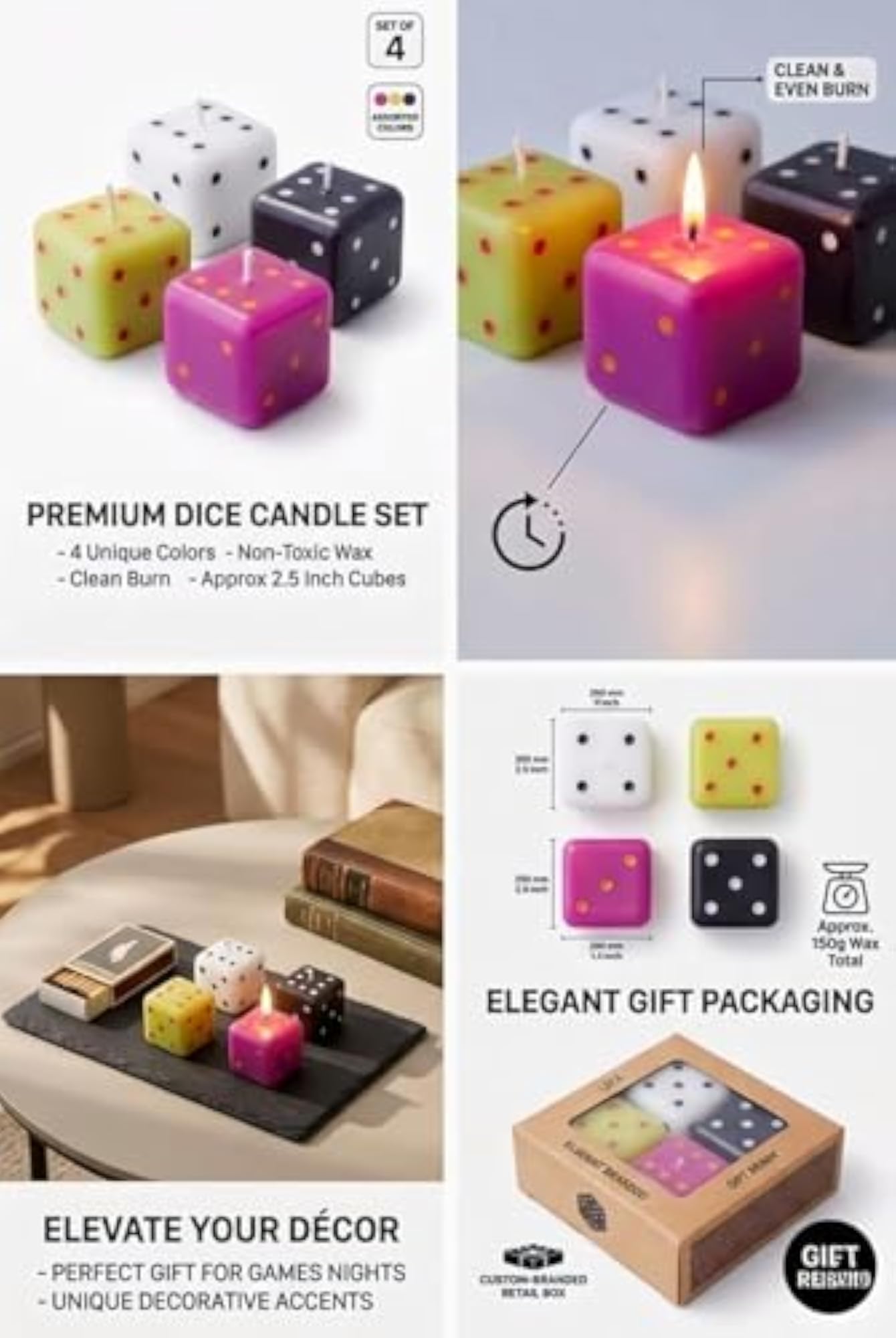 Dice Shaped Candle Set of 2, Assorted Colors, Gift Packaging