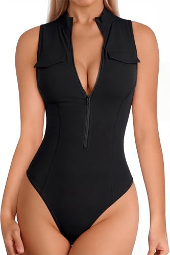 YMDUCH Womens Sexy Sleeveless High Neck Zip Up Slim Fit One Piece Bodysuit Top Black