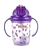 Nuby 2-Handle Printed No-Spill Thin Flip-It W/360 Weighted Straw Cup, Hearts/Purple