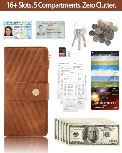 Image of Brown Women's Trifold Wallet,Large Capacity RFID Long Wallet | 16 Card Slots,2 ID Windows,4 Bill Compartments,Vegan Leather,Double Zipper Pockets,Large Capacity Organizer