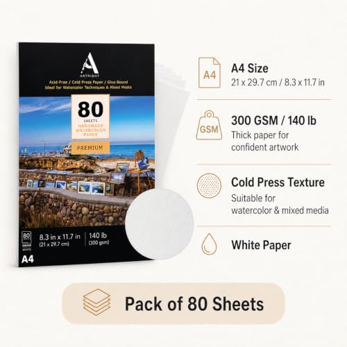 Image of ArtRight Artists' Watercolor Paper A4 300 GSM - 80 Sheets of Handmade Rough Grain Water Colour Papers for Watercolour, Acrylic, Gouache, Ink & Mixed Media