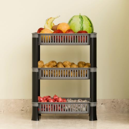 Multipurpose Plastic Tiered Shelf Countertop Storage Rack, Onion Potato Sabji Basket for Kitchen and Home (3 Layer, Silver)