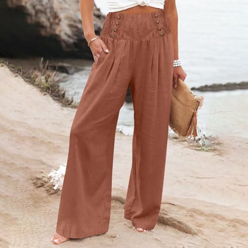 FlekmanArt Linen Wide Leg Pants Women Comfy Flowy High Waisted Beach Palazzo Pants with Pockets 20253