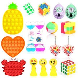 Fidget Toys Set with 3PCS Push Pop Bubble Sensory Toys, 18 Pack Stress Relief and Anti-Anxiety Toys for Kids Adults ADHD ADD Anxiety Autism with Puzzle Balls, Liquid Motion Timer, Guessing Egg Toys