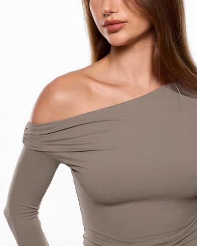 Image of INLYRIC Women's Inbarely Seasons Off The Shoulder Double Lined Long Sleeve Tops Going Out Slim Fitted Sexy T-Shirts