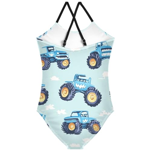 Pigsaly Girls One Piece Swimsuits Blue Monster Trucks Kids Cross Back Swimwear Toddler Beach Sport Bathing Suit 3T2