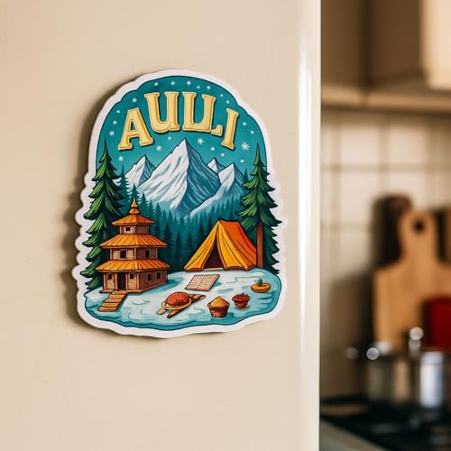Image of Naxon Auli Hill Station Theme Souvenir Wooden Fridge Magnet for Refrigerator - Printed Fridge Magnet for Kitchen & Home Decor | Perfect Souvenir Gift | Size 3x3 in | Pack of 1