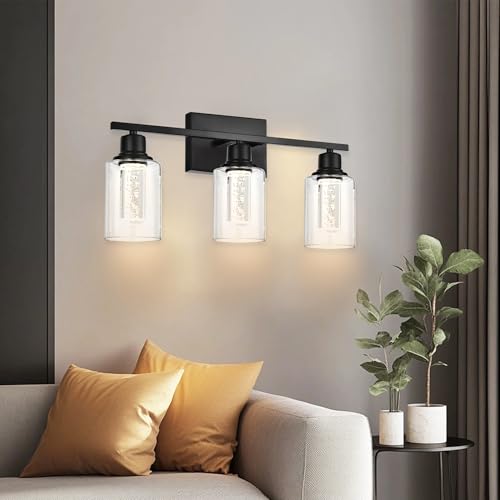 Image of Bathroom Vanity Light Fixtures, 3-Light Integrated LED Lighting Fixtures Over Mirror with Crystal Bulb Clear Glass Shade Modern Black Vanity Light for Bathroom(LED Bulbs Included)