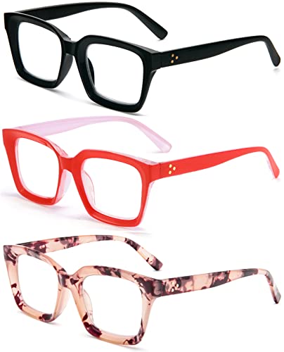 Image of REAVEE 3 Pack Oversized Reading Glasses for Women Men Blue Light Blocking, Ladies Stylish RetroSquare Large Computer Readers (Black /Red /Pink Leopard 2.25x)