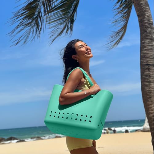 FLICK ART Rubber Waterproof Beach Tote Bag, Washable Anti-tip Durable Beach Storage Basket Hole Opening Tote Bag2