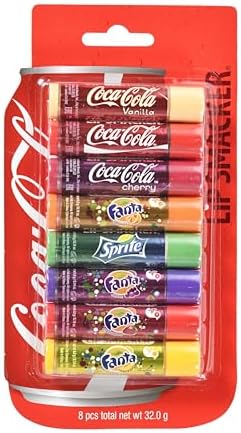 Lip Smacker Coca Cola Party Pack, Set de 8 Bálsamos Labiales Surtidos con Sabores Auténticos de Coca-Cola, Fanta y Sprite