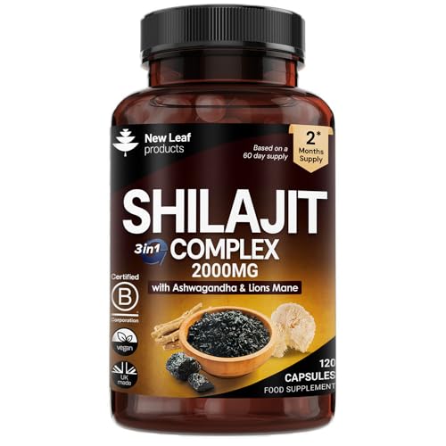 Shilajit Complex enriched with Ashwagandha & Lions Mane High Strength 2000mg Himilayan Shilajit Complex Capsules with 60% Fulvic Acid - 2 Months Supply Made in The UK By New Leaf