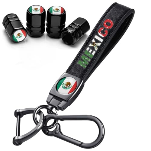 Mexico Flag Tire Valve Stem Caps and Genuine Leather Car Keychain Keyring Compatible with Mexican Flag Accessories (MFXICO)