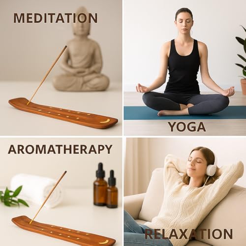 Image of Pure Source India Wooden 10 inch Incense Stick Holder with Brass Moon & Star Inlay Design (Set of 2)- Handmade Agarbatti Stand for Home, Puja, and Meditation