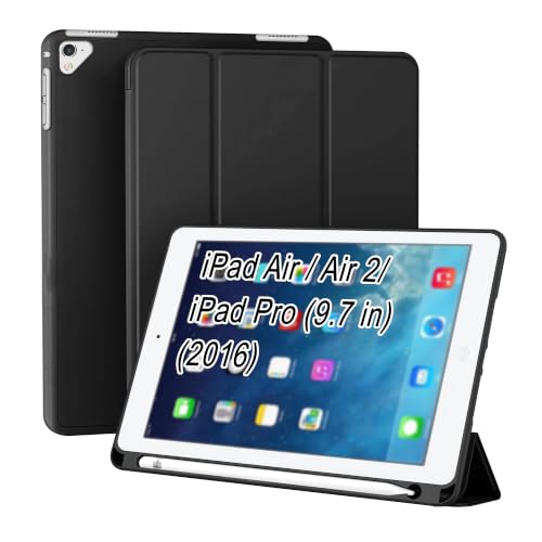 Image of CEDO Smart Case for iPad Air /Air 2 / iPad Pro 9.7 in (2016) Tri-Fold Flip Folio Cover | Pencil Holder | Auto Wake-Up /Sleep Mode | Multi View Angles Stand TPU Backcover (Black)