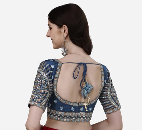 Image of Pujia Mills Mills Women's Fancy Readymade Heavy Coding Embroidary Worked Half Sleeve Multicolor Saree Blouse(Mushroom)
