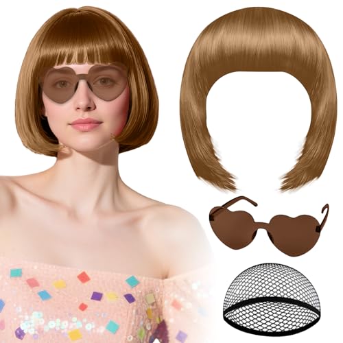 PLULON Light Brown Bob Wig with Heart Glasses Hair Cap Neon Color Party Wig