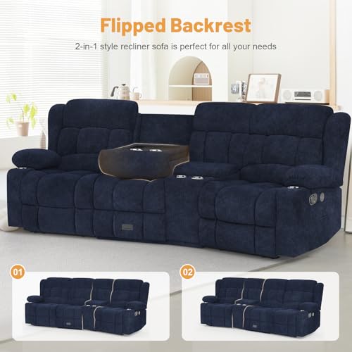Dresegmt Recliner Sofa with Storage Console, Flip Middle Backrest Design 3-Seater Reclining Sofa with Storage Drawer, USB Ports & Cup Holders, Manual Couch for Living Room (Blue, 3 Seater + Console)